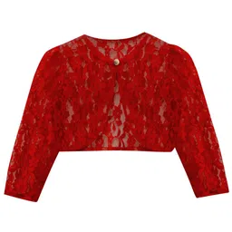 A.T.U.N. Girls Maroon Party Crop Sheer Button Lace Shrug-image-41