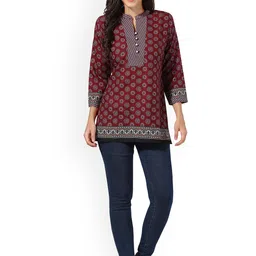 MIRAAN Floral Printed Mandarin Collar Pure Cotton Straight Kurti-image-18