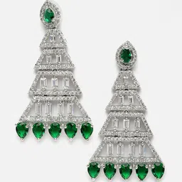 Aazeen Rhodium-Plated American Diamond Studded Triangular Drop Earrings-3