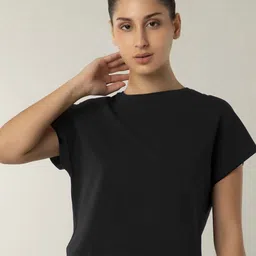 Amante Round Neck Extended Sleeves Bio-Washed Relaxed Fit Crop T-shirt-34