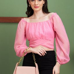 Globus Pink Self Design Square Neck Puff Sleeves Crop Top-picture-22
