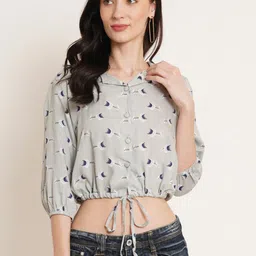 U&F Grey Floral Printed Waist Tie-Up Blouson Crop Top-picture-45