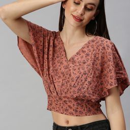SHOWOFF Brown Floral Print Crepe Blouson Crop Top-image-60