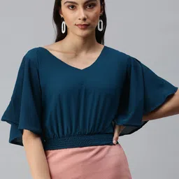 SHOWOFF Women Teal Smocked Crepe Blouson Crop Top-picture-13