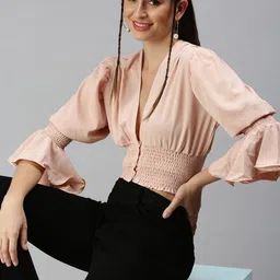 SHOWOFF Women Peach-Coloured Solid Crepe Blouson Crop Top-image-40