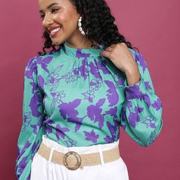 Tokyo Talkies Green Floral Printed High Neck Gathered or Pleated Top-image-61