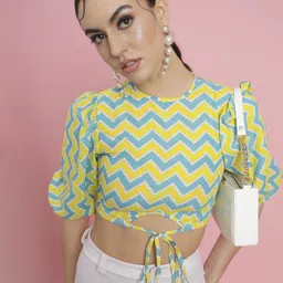 TANDUL Geometric Print Puff Sleeve Cotton Blouson Crop Top-picture-30