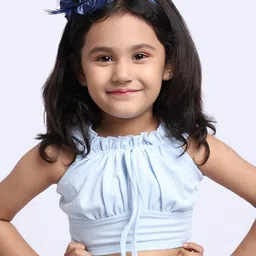 ELEVANTO Blue Halter Neck Ruffles Crop Top-image-96