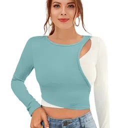 ODETTE Colourblocked Long Sleeves Cut Out Crepe Fitted Crop Top-image-38