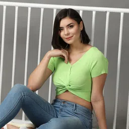 SHOWOFF Women Fluorescent Green Twisted Crop Top-image-3