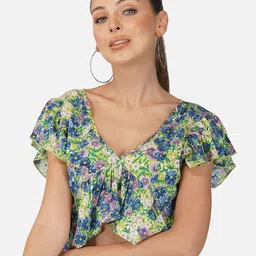 Porsorte Floral Printed Flutter Sleeve Gathered Empire Crop Top-image-15