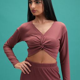 Tokyo Talkies Rose Ribbed V-Neck Twisted Fitted Crop Top-image-45