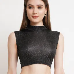 Popwings Black Embellished Shimmer Wrinkle Fitted Knitted Crop Top-image-70