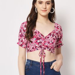 Trend Arrest Floral Printed Puffed Sleeves Ruched Crop Top-24