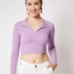 COLOR CAPITAL Striped Shirt Collar Knitted Fitted Crop Top-picture-24