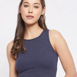 LE BOURGEOIS Navy Blue Solid Round Neck Fitted Crop Top-picture-54