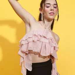 Oxolloxo Swiss Self Design Halter Neck Ruffle Detailed Backless Crop Top-image-16