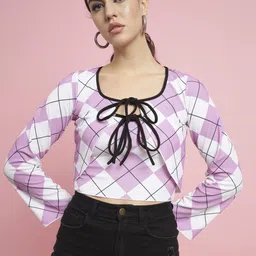 TANDUL Checked Tie-Up Neck Flared Sleeve Crop Top-3