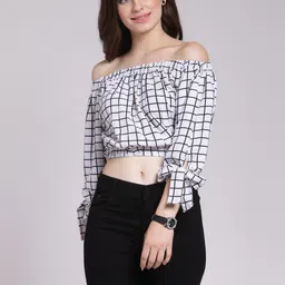 BAESD Checked Off-Shoulder Crepe Bardot Crop Casual Top-7