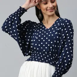 SHOWOFF Women Navy Blue Printed Smocked Crepe Wrap Crop Top-image-52