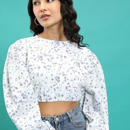 Tokyo Talkies White & Blue Floral Printed Regular Crop Top-image-69