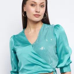 Madame Embellished V-Neck Puff Sleeves Tie-Ups Detail Wrap Crop Top-image-16
