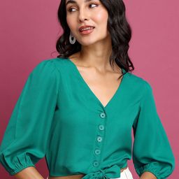 Tokyo Talkies V-Neck Puff Sleeves Tie-Ups  Detail Crop Top-image-43