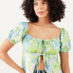Athena Floral Printed Square Neck Puff Sleeve Tie-Up Regular Crop Top-image-57
