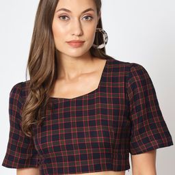 CHARMGAL Square Neck Puff Sleeves Checked Crop Top-8