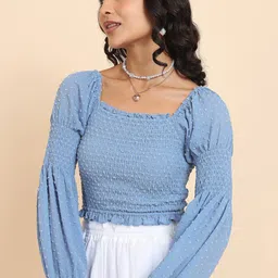 Tokyo Talkies Blue Self Design Dobby Puff Sleeve Smocked Crop Top-image-59