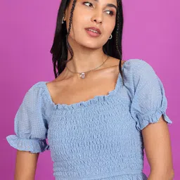 Tokyo Talkies Self Design Square Neck Puff Sleeve Crop Top-image-18