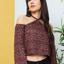 Globus Red Floral Printed Round Neck Cold-Shoulder Sleeves Crop Top-image-57