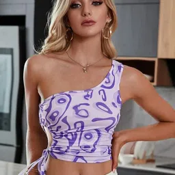 TANDUL Abstract Printed One Shoulder Cut Out Crop Top-15