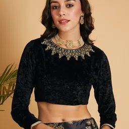 Shae by SASSAFRAS Black Embroidered Velvet Crop Fitted Top-picture-38