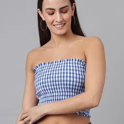 FINSBURY LONDON Blue & White Checked Smocked Tube Crop Top-21