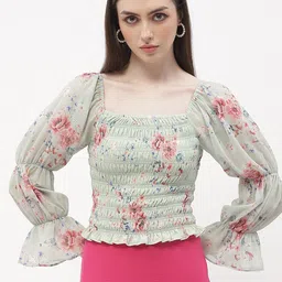 Madame Floral Printed Square Neck Bell Sleeves Fitted Top-image-47