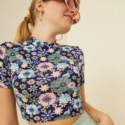 TANDUL Floral Print High Neck Styled Back Crop Top-24