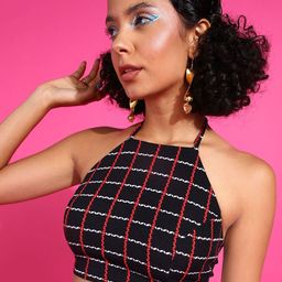Veni Vidi Vici Black Geometric Printed Halter Neck Styled Back Crop Top-image-57