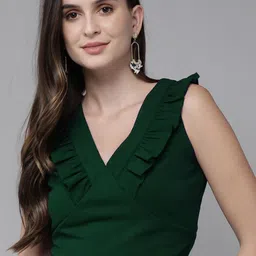 RARE Women Dark Green Solid Ruffles Crop Top-picture-14