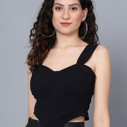 ANVI Be Yourself Black Shoulder Straps Smocking Fitted Crop Top-image-39