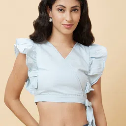 Globus V-Neck Blue Flutter Sleeve Cotton Denim Cropped Top-image-6