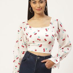 Slenor Floral Print Puff Sleeve Georgette Crop Top-image-87