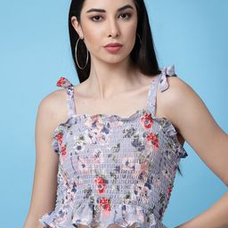 Oomph! Floral Printed Smocked Fitted Crop Top-image-52
