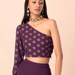 INDYA Purple Print One Shoulder Georgette Crop Top-image-58