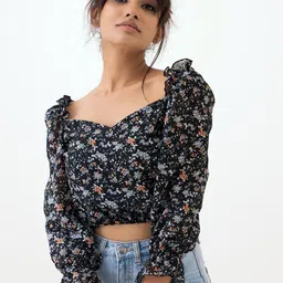 AASK Women Black Floral Print Sweetheart Neck Georgette Crop Top-image-7