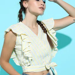 Tokyo Talkies Yellow Striped Wrap Cotton Crop Top-image-85