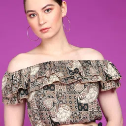 Popwings Ethnic Motifs Printed Off-Shoulder Bardot Crop Top-image-5