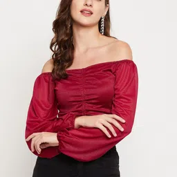 LE BOURGEOIS Maroon Off-Shoulder Bardot Crop Top-image-84