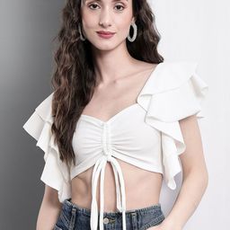 TANDUL Fitted Flutter Sleeve Sweetheart Neck Crop Top-0