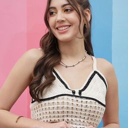 Athena White Self Design Shoulder Straps Cotton Crochet Bralette Crop Top-image-47